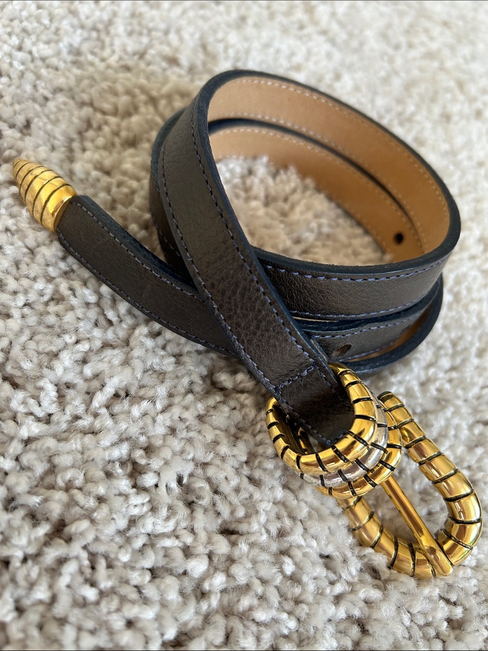 STREETS AHEAD Rattlesnake Black Leather Belt with Gold Coil Buckle Size Large 36